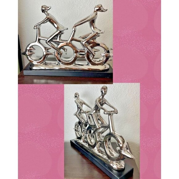 Uma Metallic Polished Finish Double Riding Bicycle Motif Statue - Picture 1 of 3